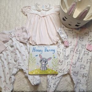 Baby Girl Easter Basket Gift Set – 0–3M Bunny Outfits + Vintage Romper + Book +
